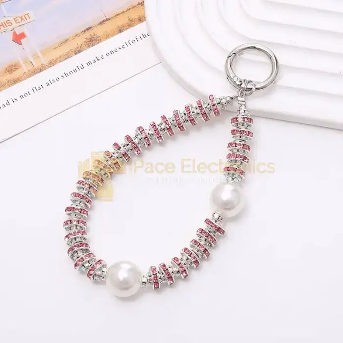 Glittering pink rhinestone and pearl chain phone lanyard, stylish anti-lost mobile phone case pendant accessory