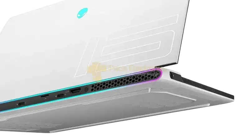 Dell Alienware m15 R3 gaming laptop showing side ports and cooling design in sleek white finish