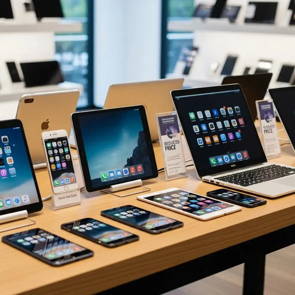 Display of pre-owned electronic devices, emphasizing quality and savings for customers