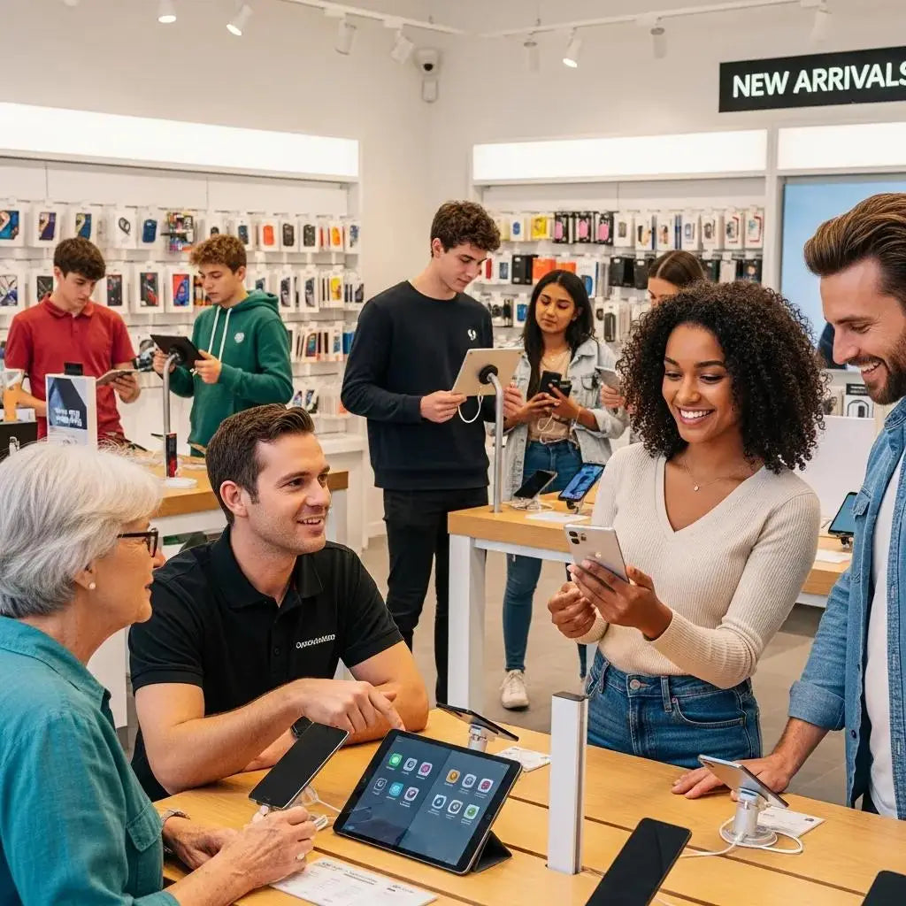 Diverse customers exploring smartphones in a modern electronics store