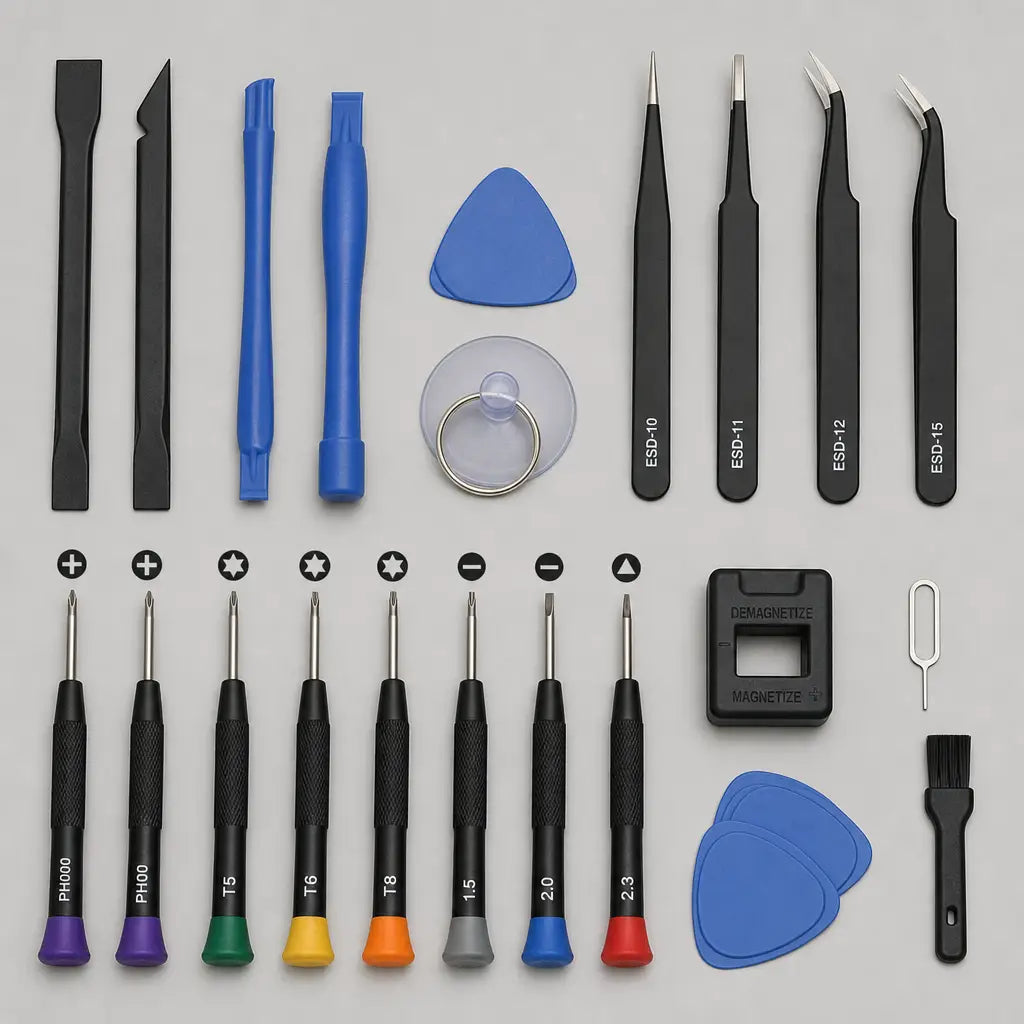 A neat layout of specialized tools for electronic disassembly, including spudgers, tweezers, and precision drivers