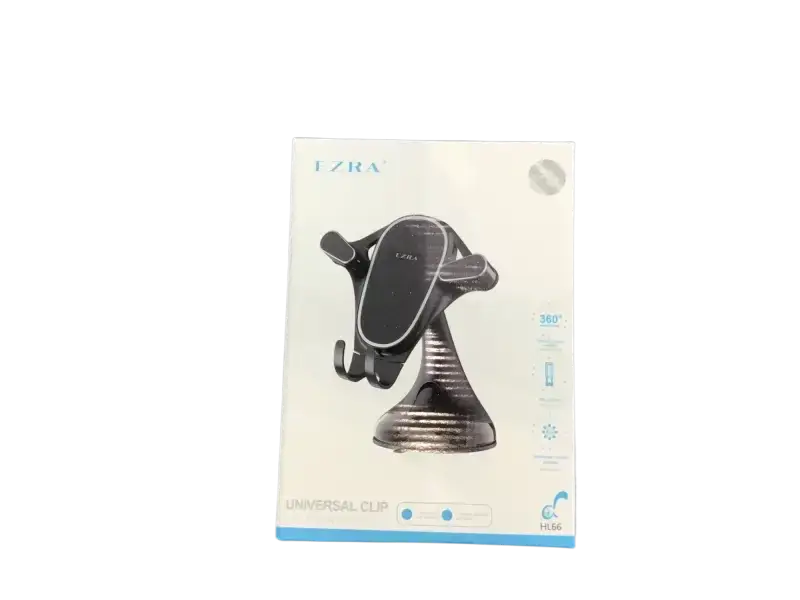 Ezra universal clip cellphone holder in packaging with 360-degree swivel design and easy installation