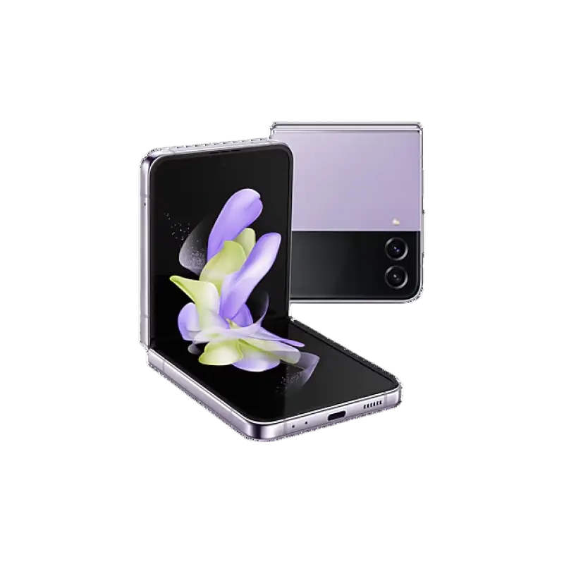 Silver-framed samsung galaxy z flip4 smartphone with lavender and black gradient back panel for phone repair use