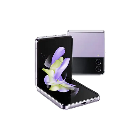 Silver samsung galaxy z flip5 foldable phone with sleek metallic frame and vibrant purple green floral display for phone repair
