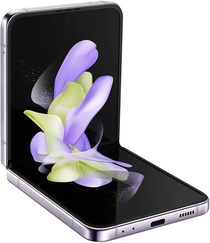 Silver samsung galaxy z flip5 foldable phone with sleek metallic frame and vibrant purple green floral display for phone repair