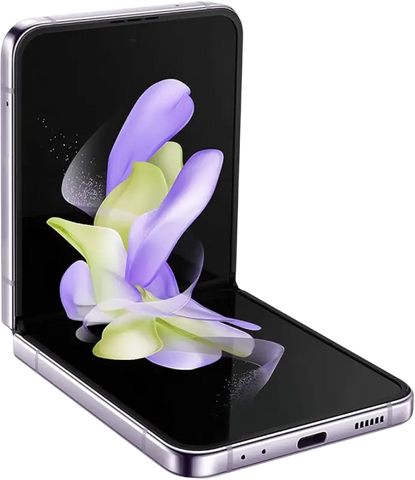 Silver samsung galaxy z flip5 foldable phone with sleek metallic frame and vibrant purple green floral display for phone repair
