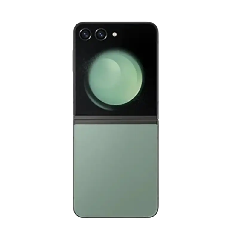 Back of a sleek matte green samsung galaxy z flip5 phone with a circular triple lens camera module perfect for phone repair