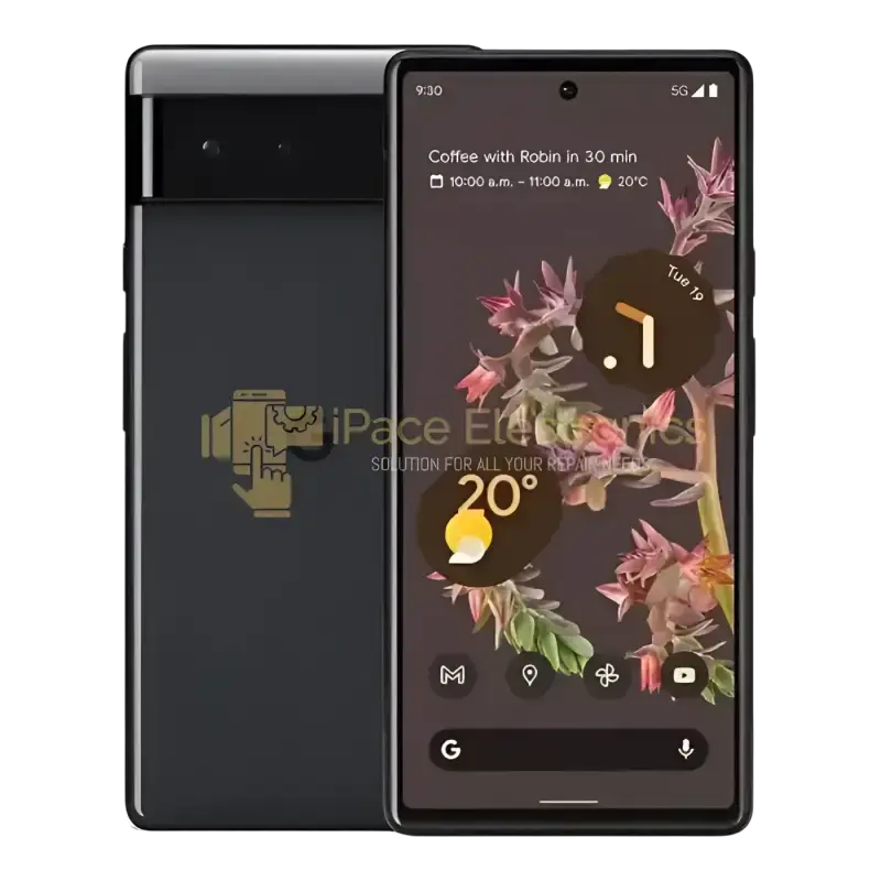 Google Pixel 6 unlocked smartphone displayed with vibrant home screen and sleek black design