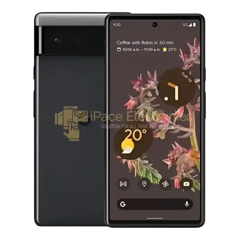 Google Pixel 6 unlocked smartphone displayed with vibrant home screen and sleek black design