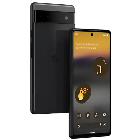 Google Pixel 6 unlocked smartphone displayed with vibrant home screen and sleek black design