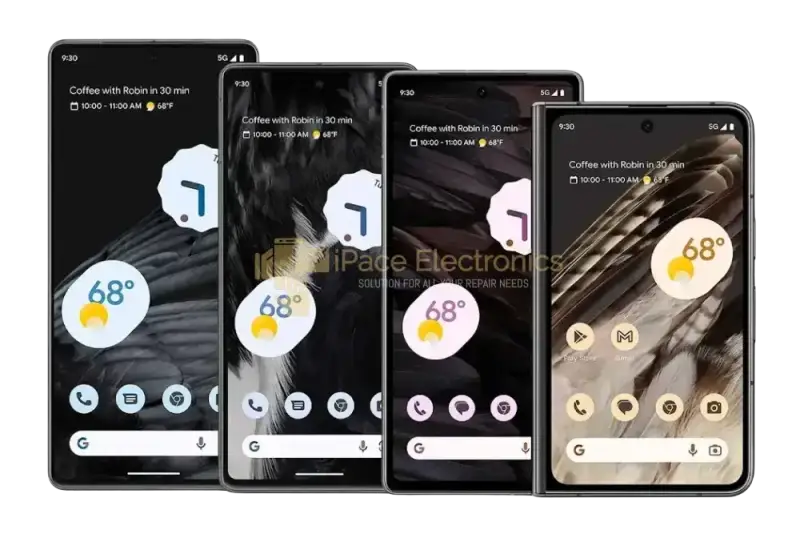 Four Google Pixel phones displaying various screens, ideal for Google Pixel LCD repair needs
