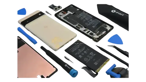 Google Pixel LCD repair tools and components laid out for device servicing and screen replacement