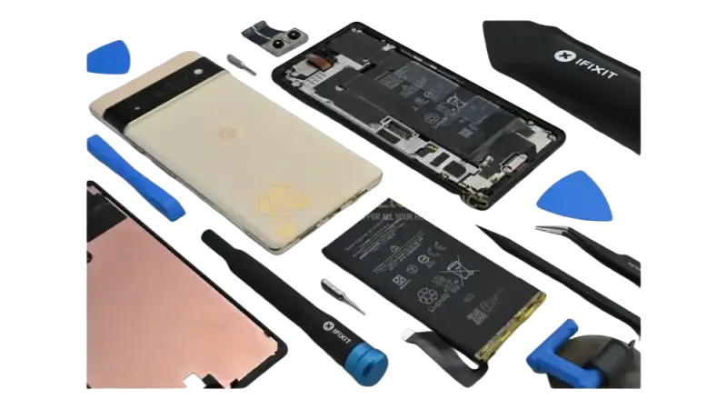 Google Pixel LCD repair tools and components laid out for device servicing and screen replacement
