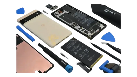 Google Pixel LCD repair tools and components laid out for device servicing and screen replacement