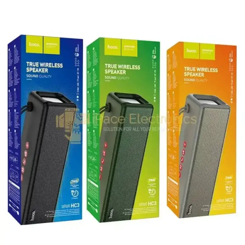HOCO HC3 sports wireless speaker boxes in three colors showcasing true wireless sound quality.