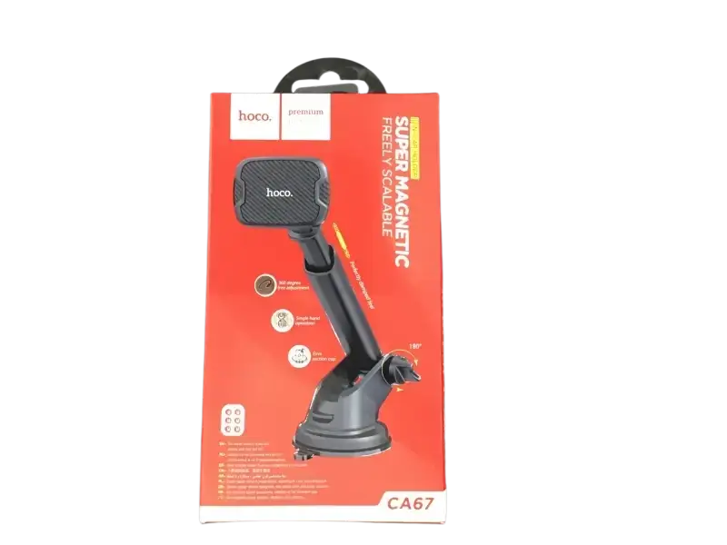 Hoco super magnetic car phone holder packaged for easy use with a vacuum base and adjustable arm