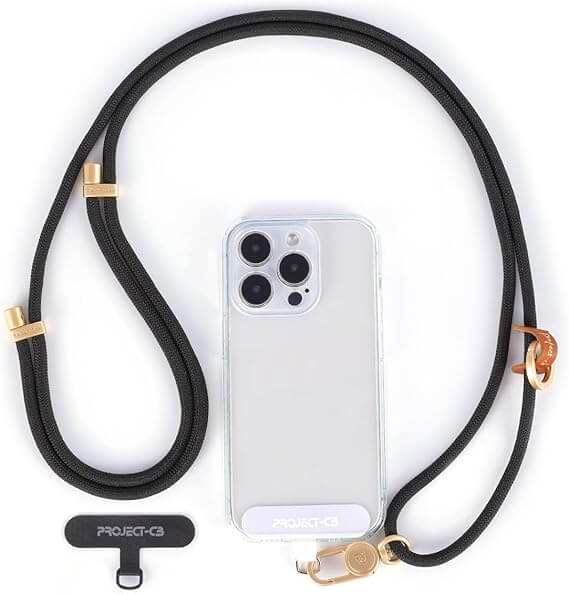 High-quality Project-CB cell phone lanyard with adjustable crossbody strap, rust-proof metal hook, and clear phone case.