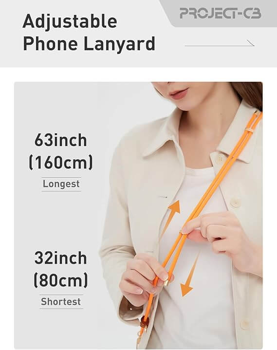 Woman adjusting orange adjustable phone lanyard from Project-CB, showing length options at 32 and 63 inches.