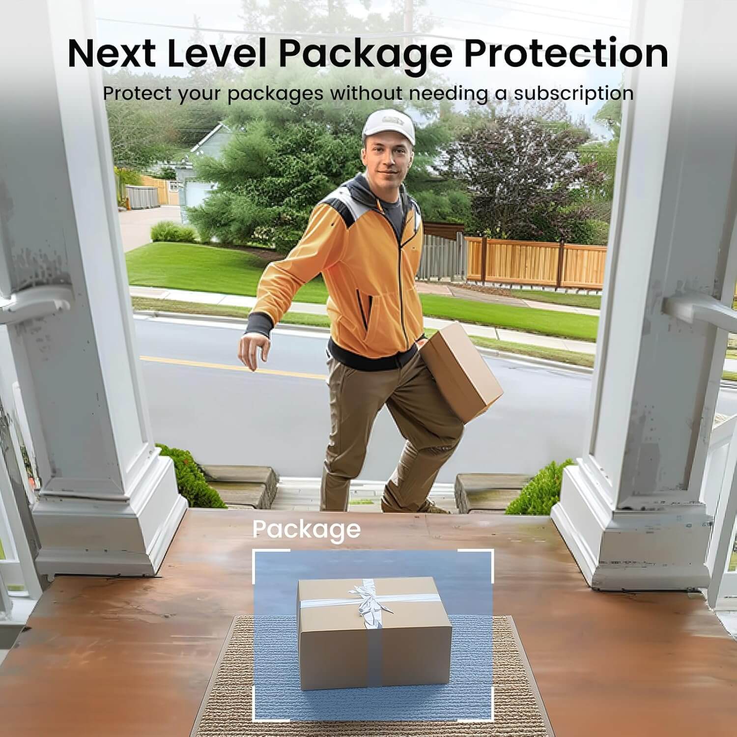 Delivery person in a yellow jacket placing a package at a doorstep, promoting Next Level Package Protection without subscription.