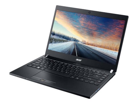 Acer TravelMate P648 laptop with 14-inch screen displaying vivid sunset landscape, Intel i7, 256GB SSD, 8GB RAM, Windows 10.