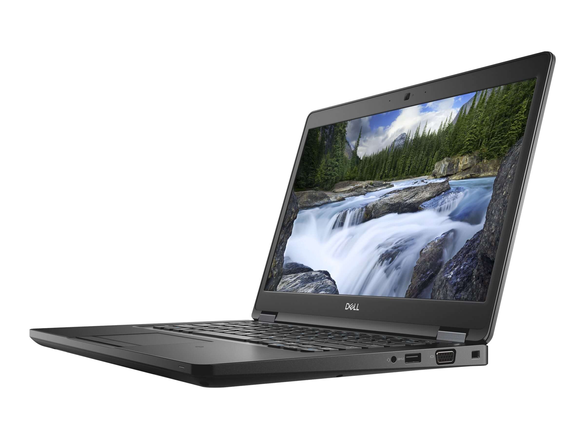 Dell Latitude 5490 business laptop with a 14-inch screen displaying a waterfall scene, showcasing its Intel i7 processor and HDMI port.