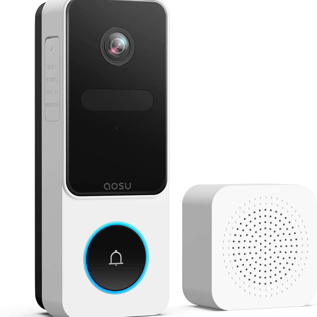 AOSU wireless doorbell camera with chime, featuring head-to-toe video, intelligent package detection, and smart human detection capabilities.