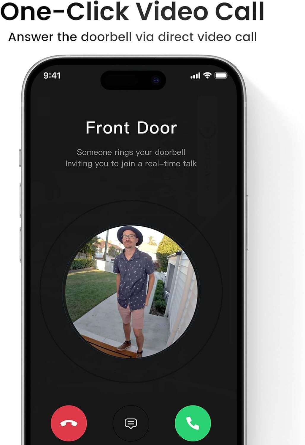 Smartphone screen displaying AOSU doorbell camera video call interface with a woman standing at the front door ready to be answered.