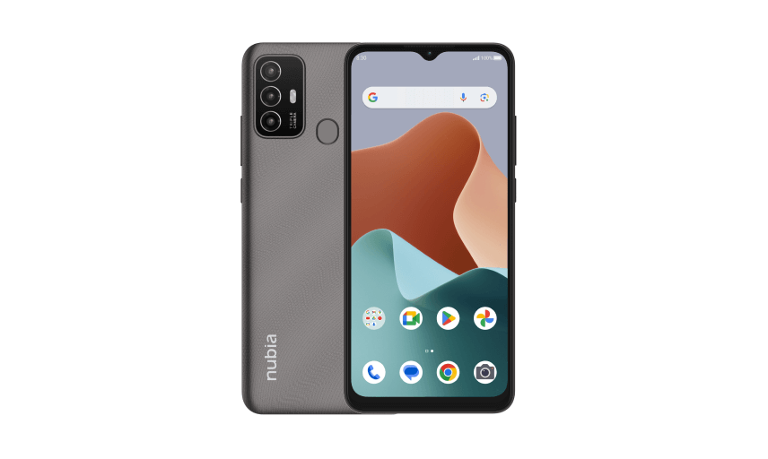 Nubia A75 smartphone in gray featuring triple-rear cameras, 6.52-inch HD+ display, and slim design, ideal for high-quality photography and long battery life.