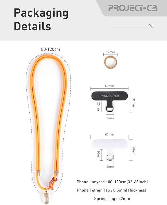 Packaging details of Project-CB adjustable cell phone lanyard with dimensions and components including tether tab and spring ring.