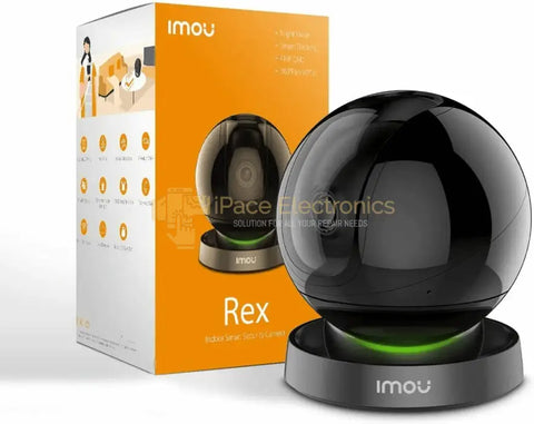 IMOU Rex 4MP WiFi camera in black with packaging, highlighting smart tracking and HD picture quality features.