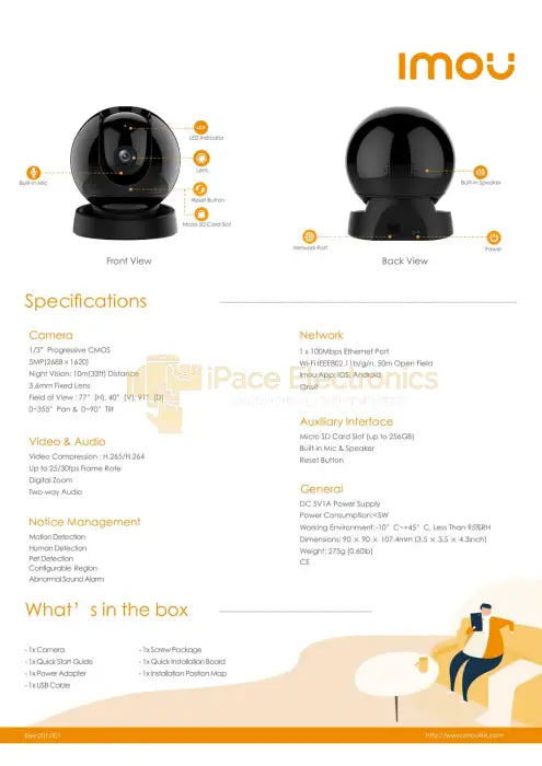 Detailed promotional brochure for IMOU Rex 4mp WiFi Camera showing front and back views with specifications and box contents.