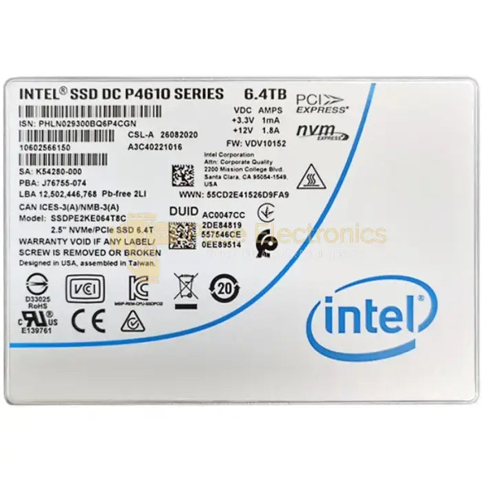 Intel Dc P4610 Series 6.4Tb Nvme Pcie 2.5In U.2 Internal Ssd Ssdpe2Ke064T8 Intel