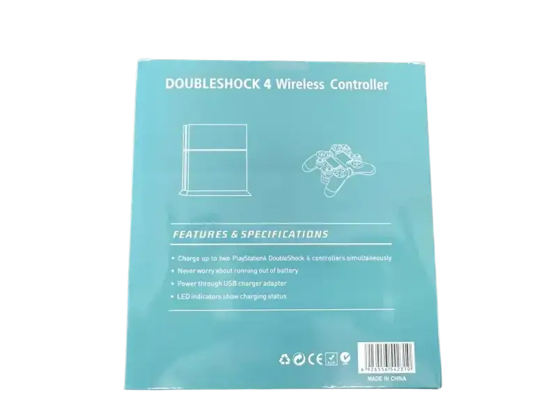 Back of DualShock 4 wireless controller for PlayStation 4 packaging highlighting features and specifications