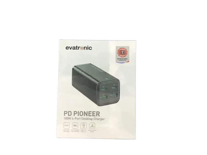 evatronic 100W 4-Port USB Charger in sleek design for fast charging multiple devices