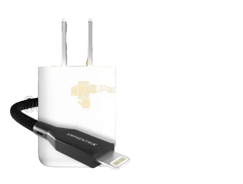 3 foot lightning to USB C cable connected to a charger from iPace Electronics for fast charging