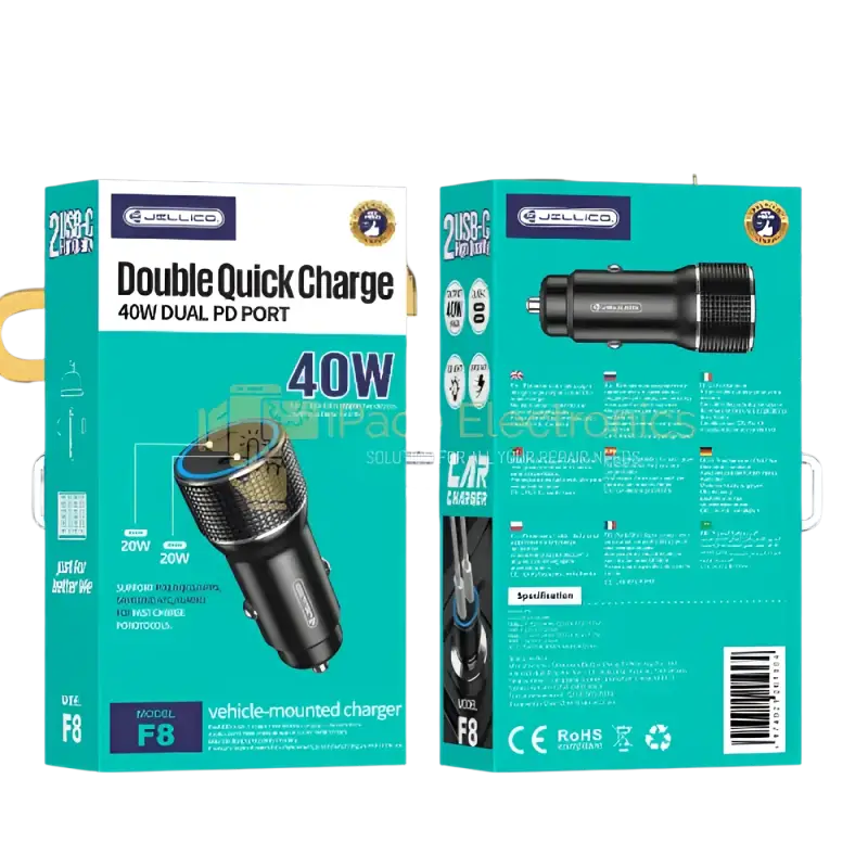 IPace Electronics 40W dual USB-C car charger in packaging for fast charging on the go