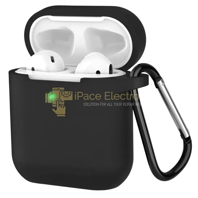 Black AirPods 1 and 2 silicone protective case with carabiner and open lid showing AirPods