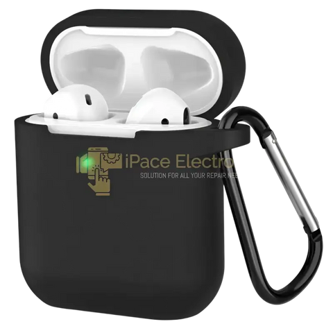 Black AirPods 1 and 2 silicone protective case with carabiner and open lid showing AirPods
