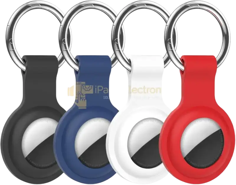 Set of four airtag holder silicone case in black, blue, red, and white for secure AirTag usage
