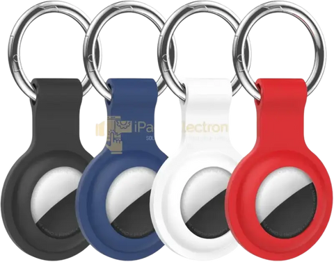 Set of four airtag holder silicone case in black, blue, red, and white for secure AirTag usage