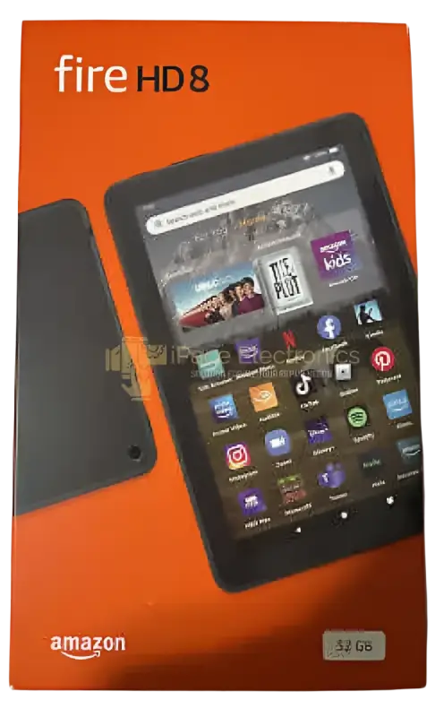 Amazon Fire HD 8 tablet 2022 in packaging showcasing its features and app icons