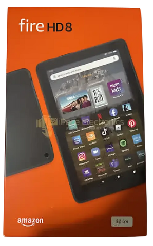 Amazon Fire HD 8 tablet 2022 in packaging showcasing its features and app icons