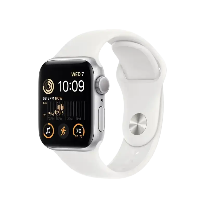 Apple Watch SE 40mm GPS 2nd generation with white sport band displaying health metrics and time