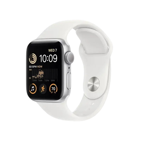 Apple Watch SE 40mm GPS 2nd generation with white sport band displaying health metrics and time
