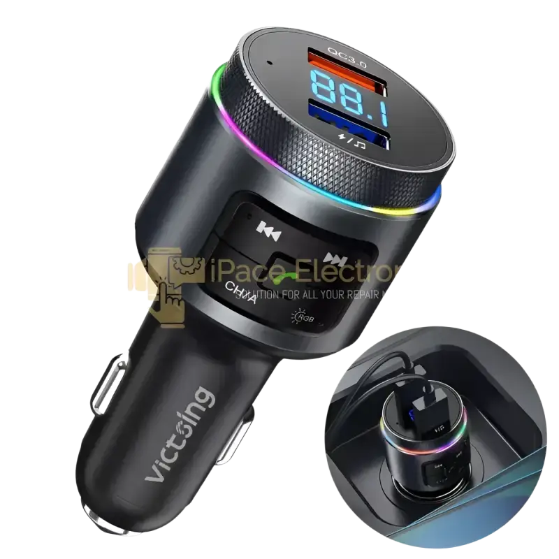 Bluetooth FM transmitter car adapter with USB charging and LED display for in-car audio streaming