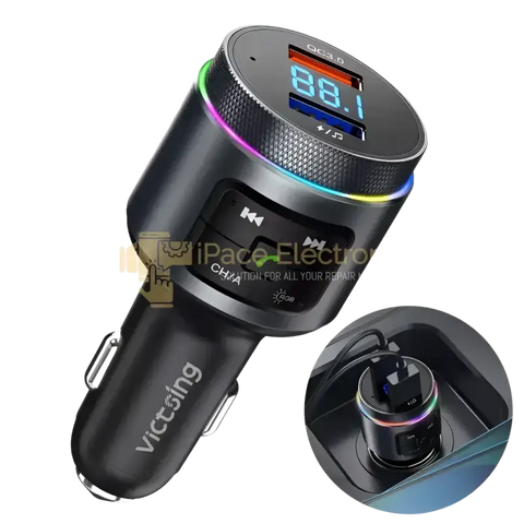 Bluetooth FM transmitter car adapter with USB charging and LED display for in-car audio streaming