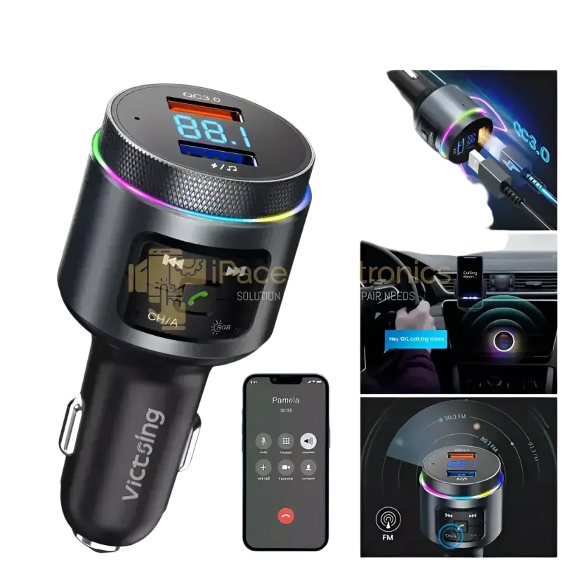 Bluetooth FM transmitter car adapter with LED display, dual USB ports, and phone connectivity