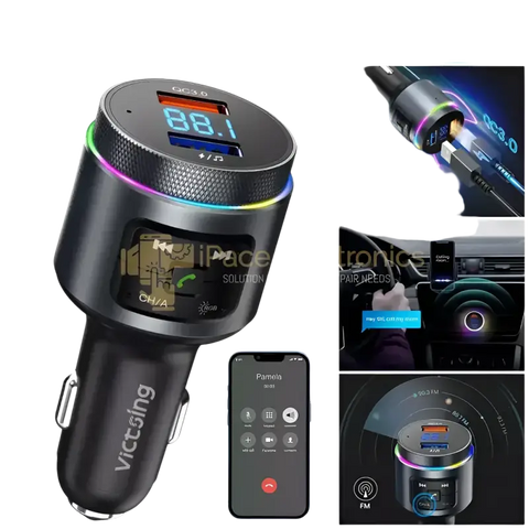 Bluetooth FM transmitter car adapter with USB charging and LED display for in-car audio streaming