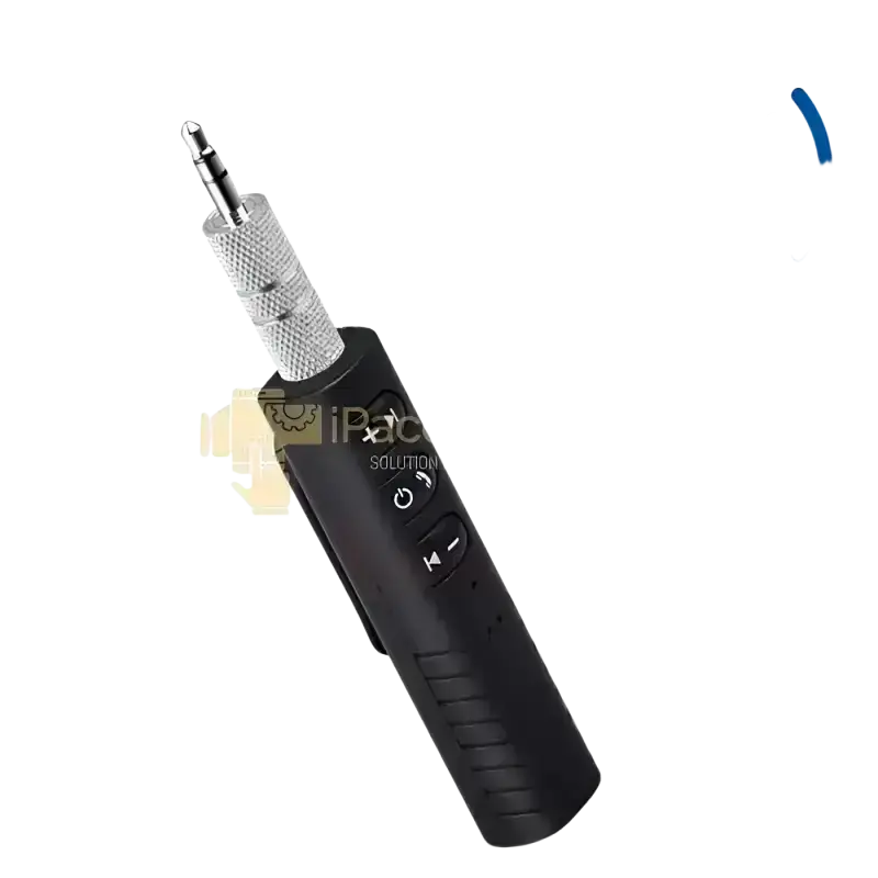 Black bluetooth transmitter iPace Electronics with silver 3.5mm aux jack textured grip and buttons for power call and track navigation