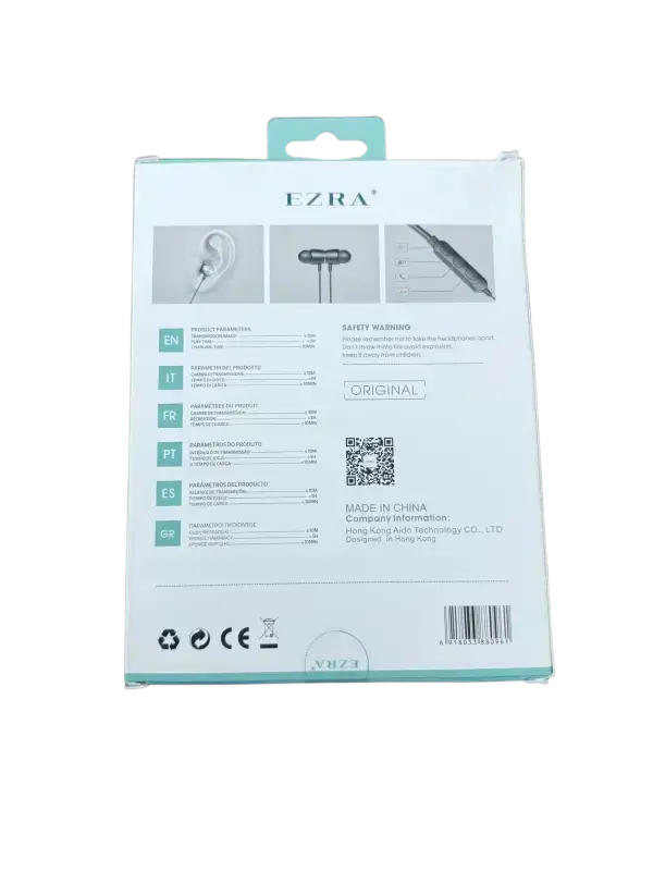 Back packaging of BW35 wireless earphones by IPace Electronics with safety warnings and specifications